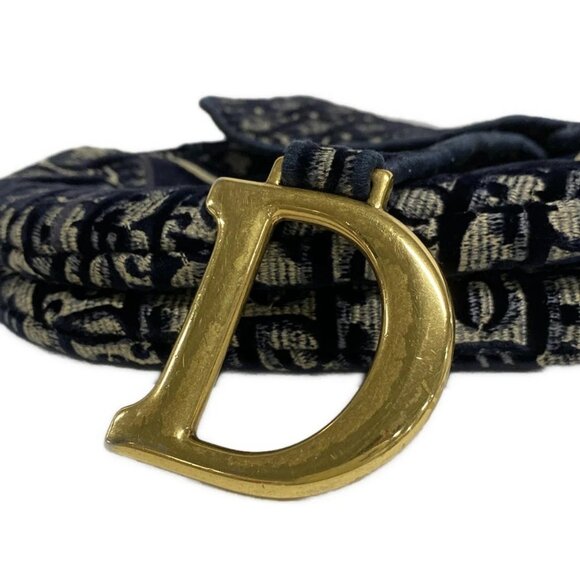 Auth DIOR/ChristianDior Saddle Bag Navy Cream Gray Velour Jacquard Handbag - Picture 12 of 16
